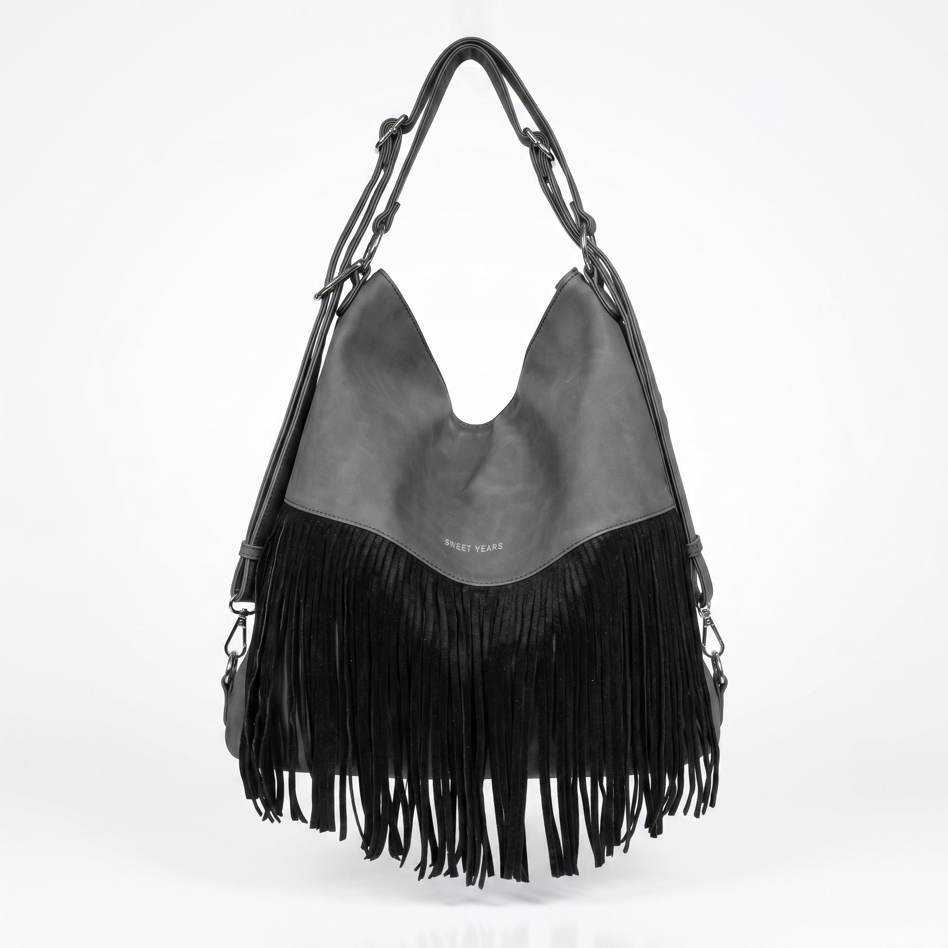 Sweet Years Borsa Hobo Grande in Ecopelle con Frange Effetto Scamosciato - Stile Donna Bags