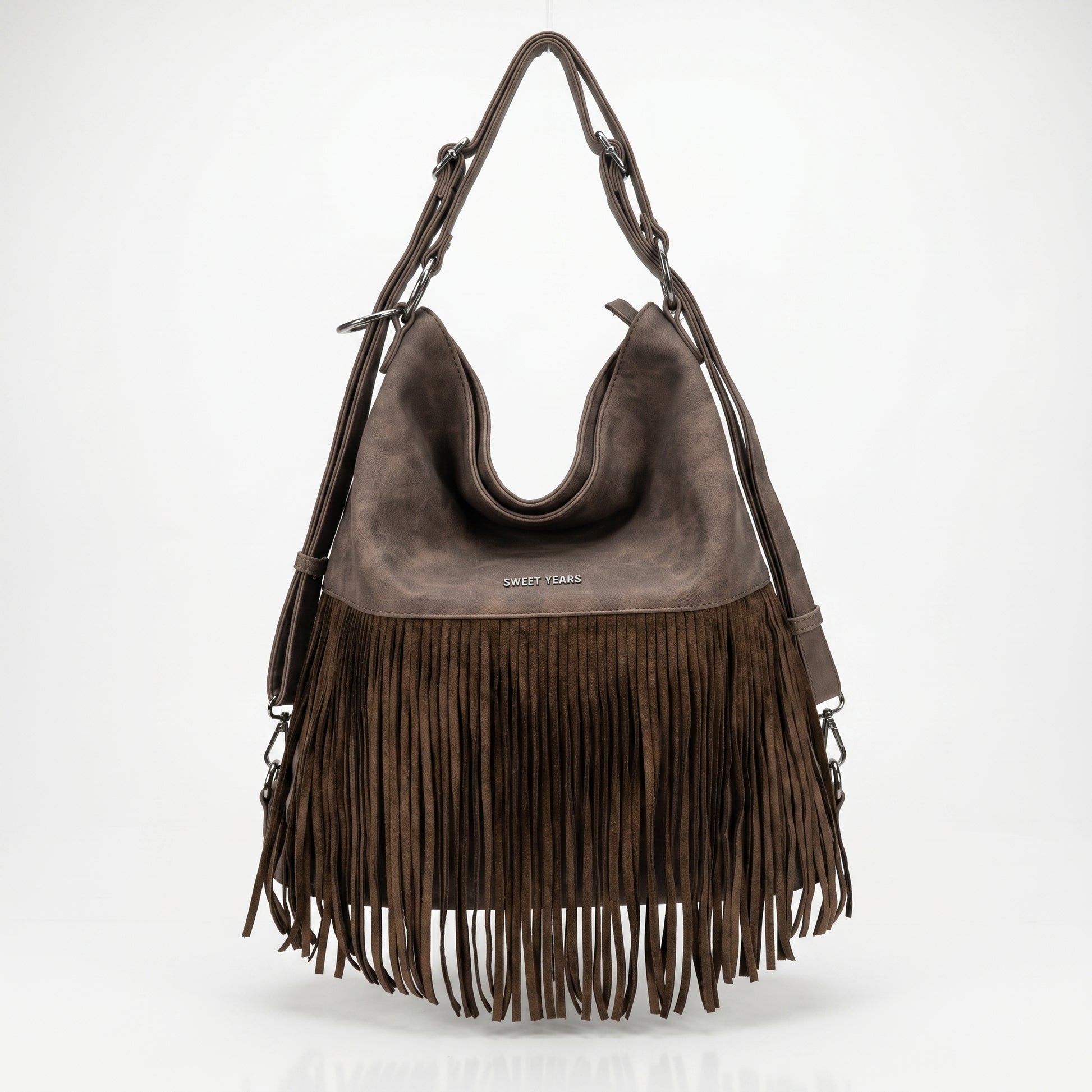 Sweet Years Borsa Hobo Grande in Ecopelle con Frange Effetto Scamosciato - Stile Donna Bags