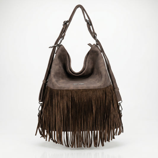 Sweet Years Borsa Hobo Grande in Ecopelle con Frange Effetto Scamosciato - Stile Donna Bags