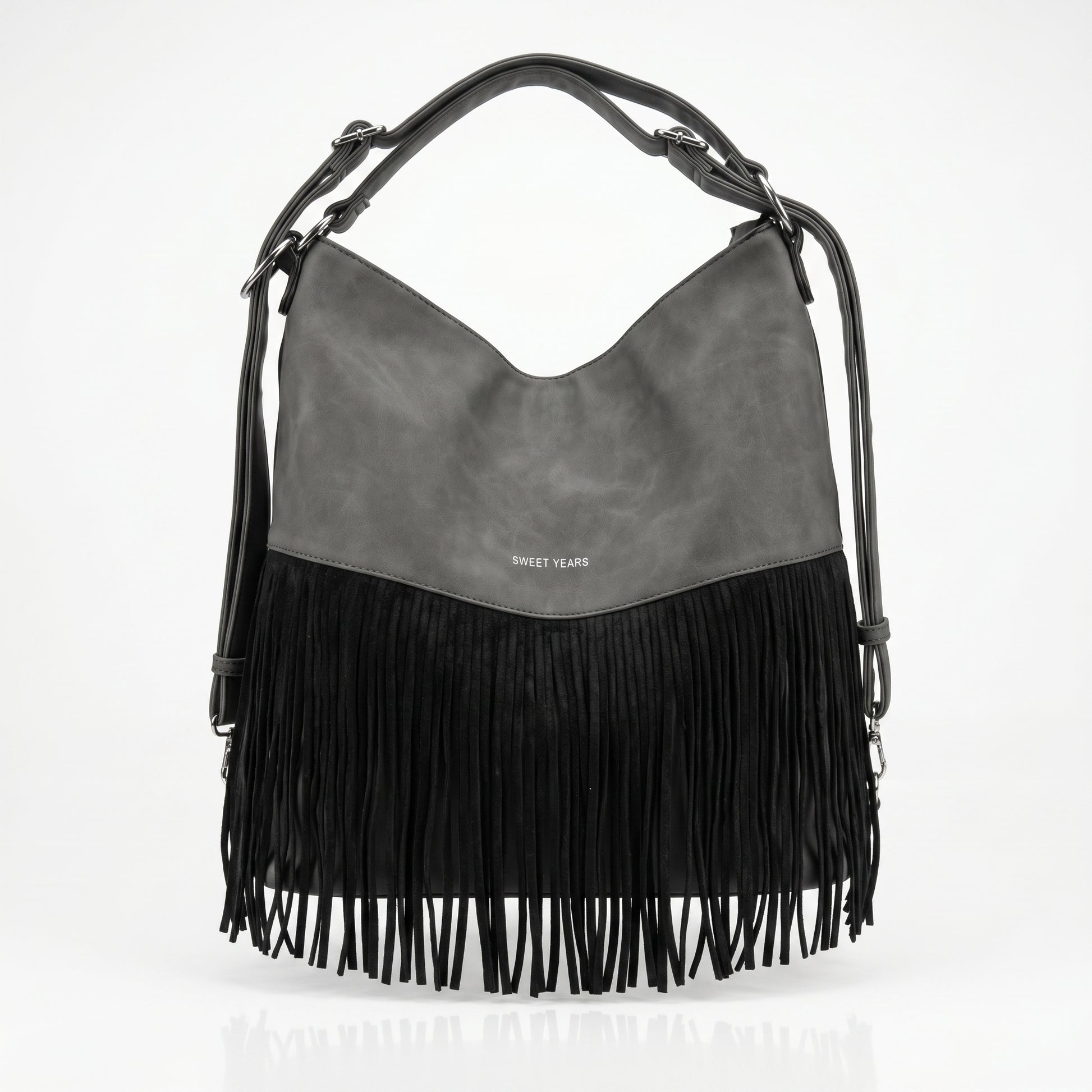 Sweet Years Borsa Hobo Grande in Ecopelle con Frange Effetto Scamosciato - Stile Donna Bags