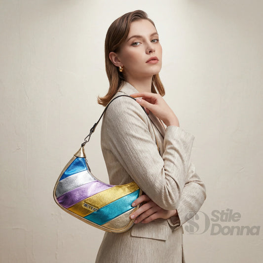 Sweet Years borsa a tracolla ecopelle righe rainbow metallic – vista laterale