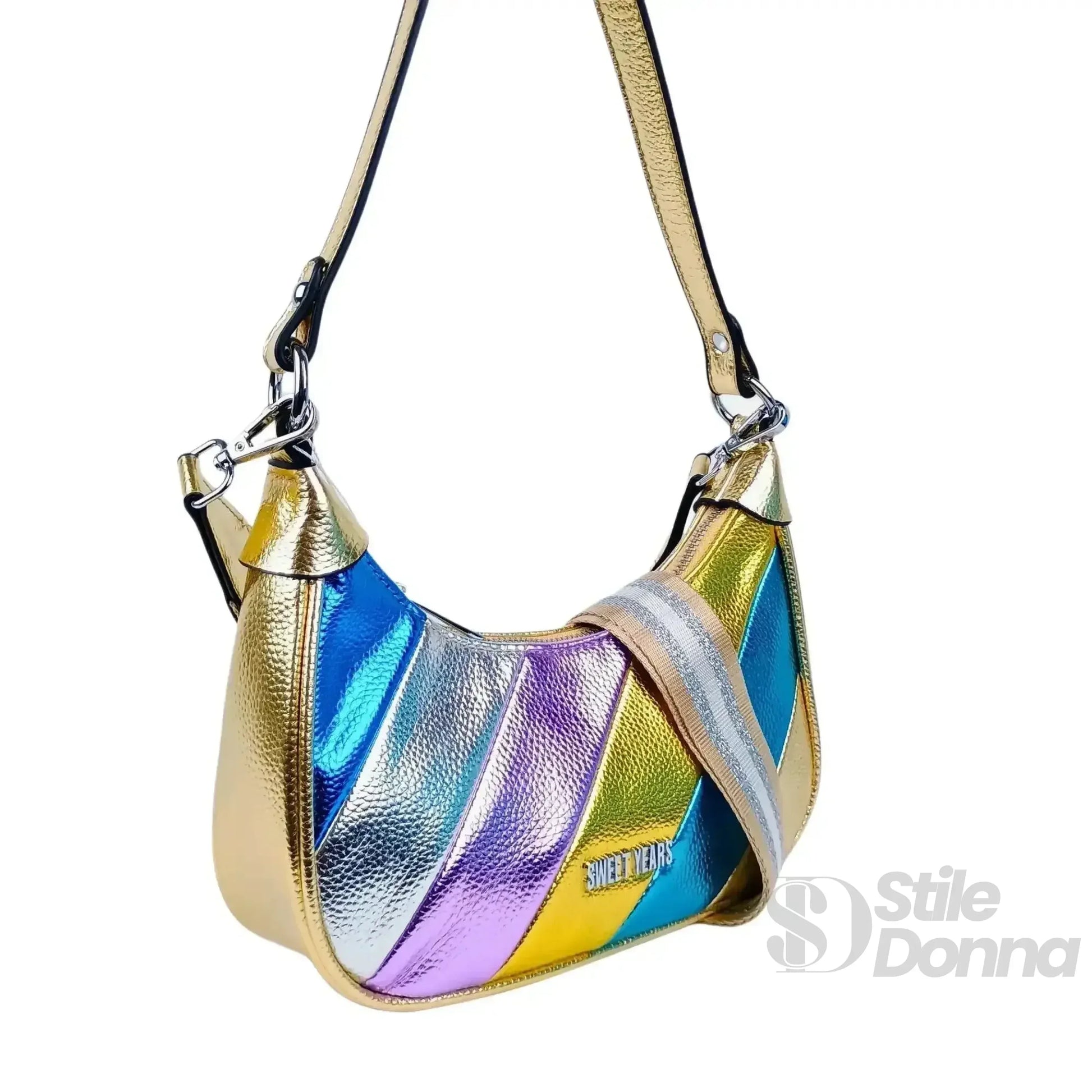 Sweet Years borsa a tracolla ecopelle righe rainbow metallic hobo vivace – interno e tasche