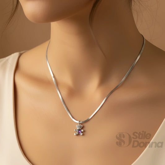 Sweetheart collana ciondolo orsetto argento catena serpente – vista posteriore