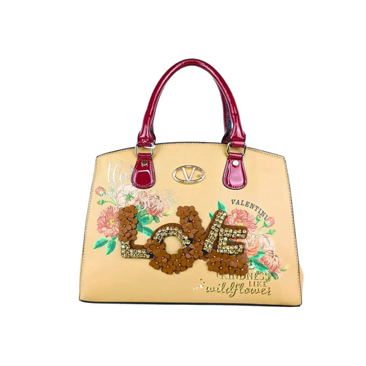 Valentini borsa tote ecopelle cachi con ricamo floreale e scritta love in paillettes donna – vista frontale