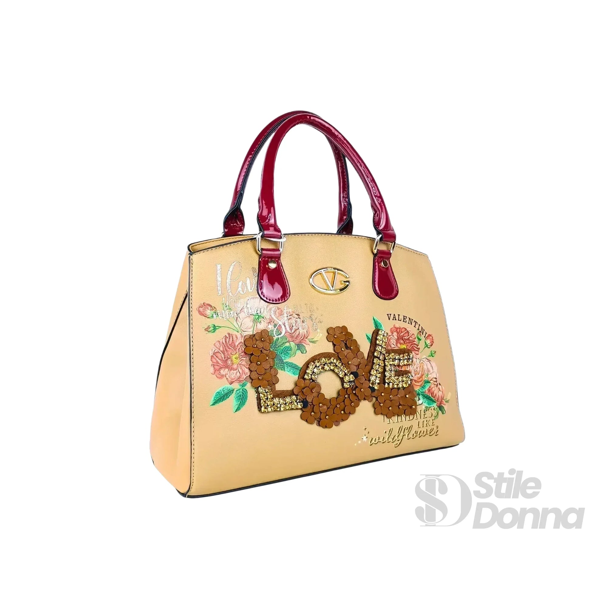 Valentini borsa tote ecopelle cachi ricamo floreale paillettes – dettaglio esterno