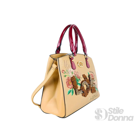Valentini borsa tote ecopelle cachi con ricamo floreale e paillettes – vista posteriore