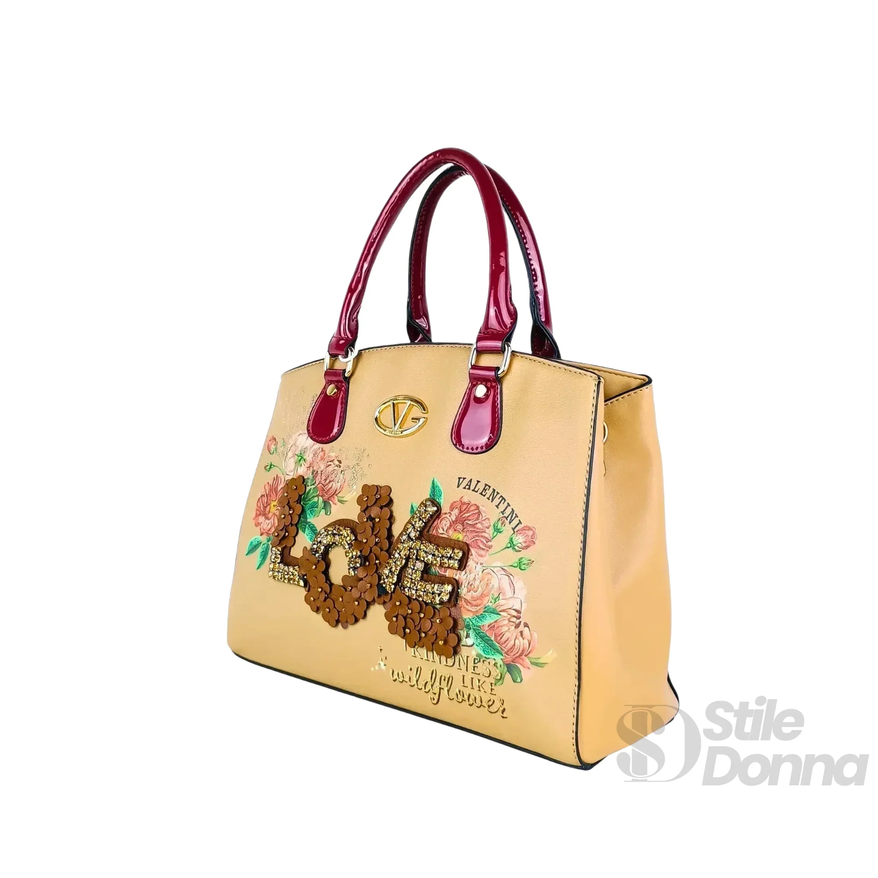 Valentini borsa tote ecopelle cachi ricamo floreale love paillettes donna – borsa indossata