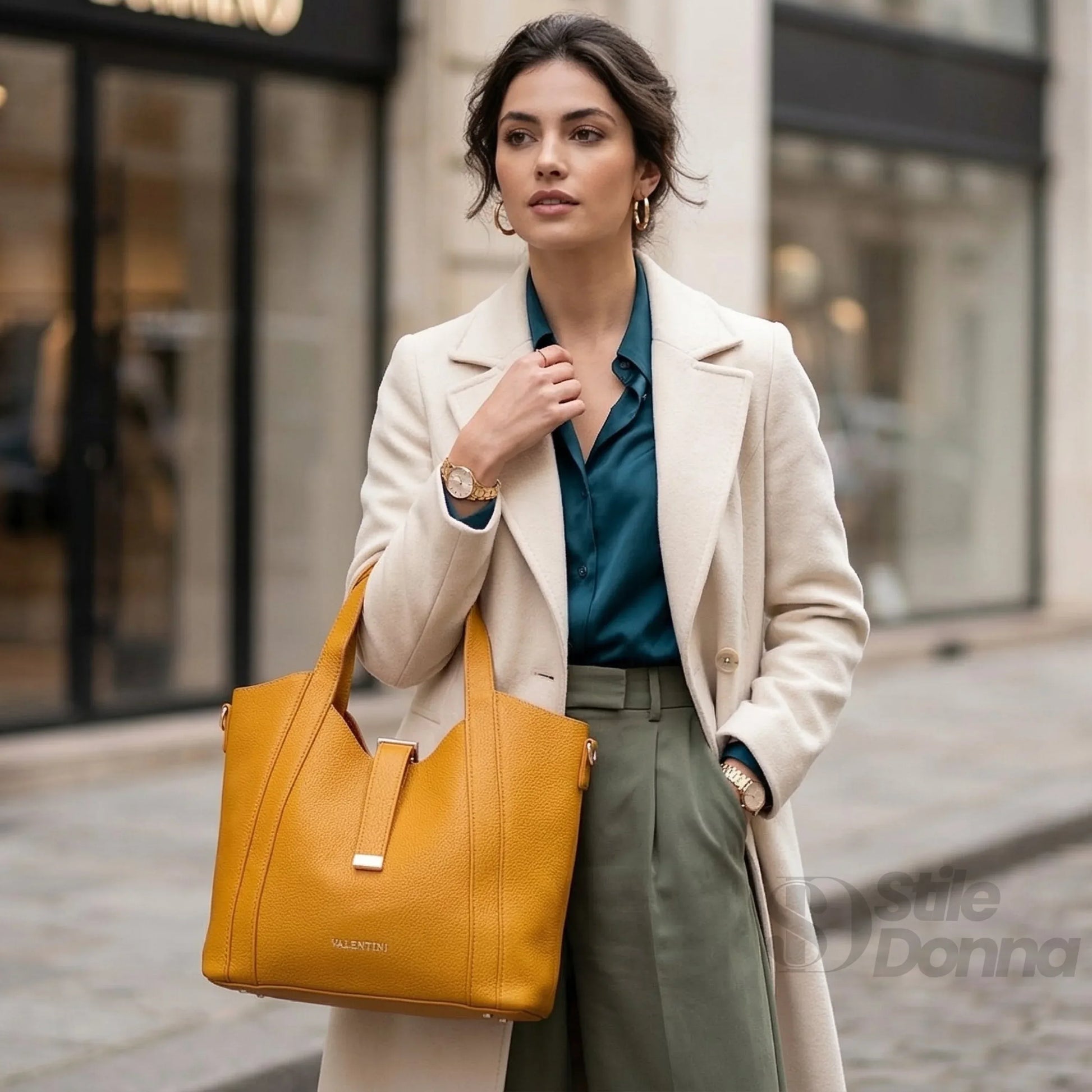 Valentini SIBI borsa tote ecopelle giallo senape finiture dorate – vista laterale
