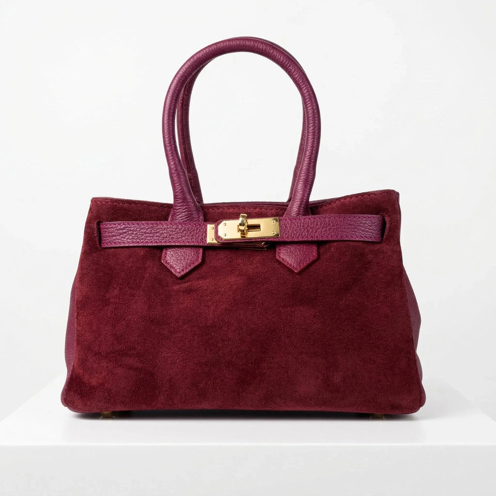 Velinara borsa a mano vera pelle scamosciata bordeaux con finiture dorate donna – vista frontale