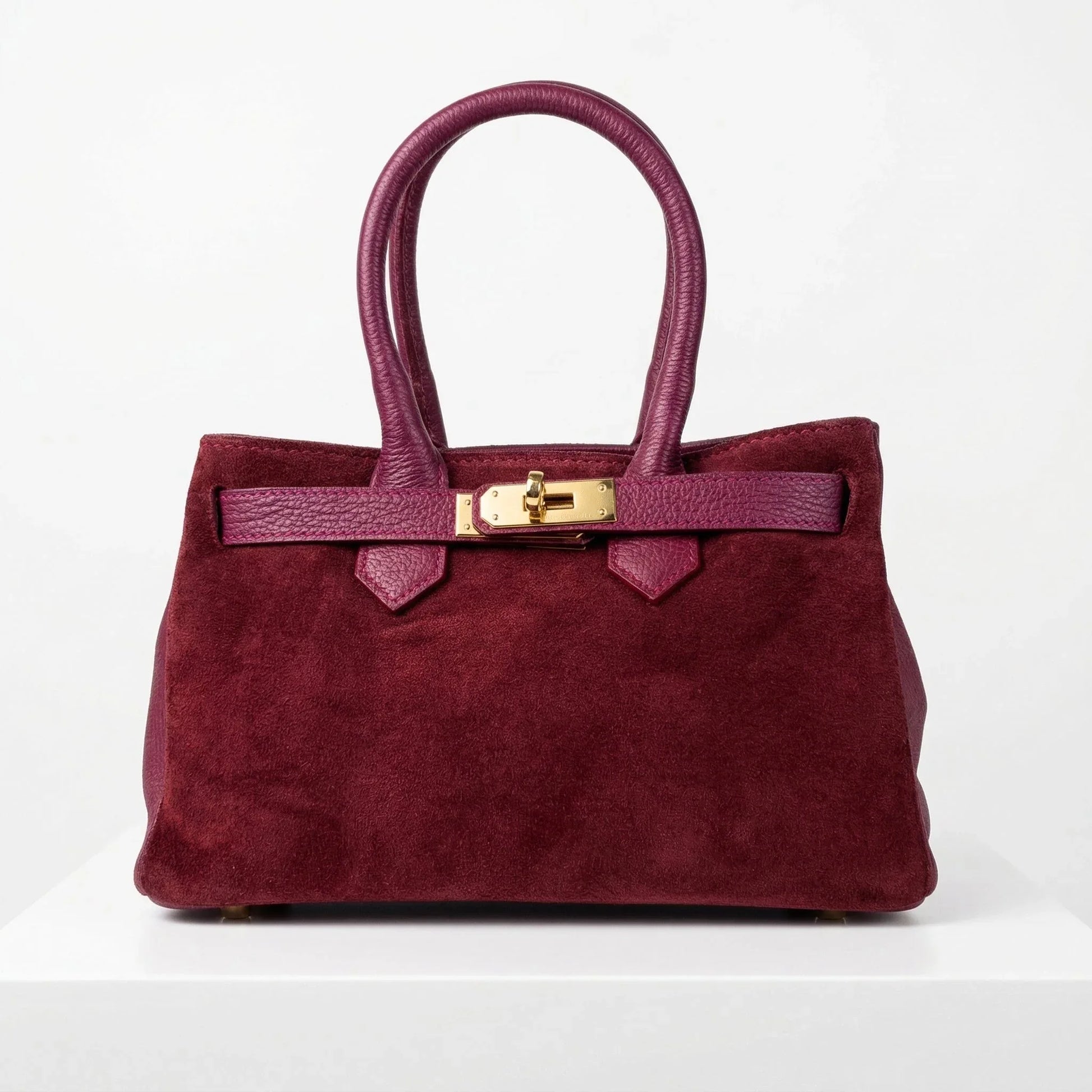 Velinara borsa a mano vera pelle scamosciata bordeaux con finiture dorate donna – vista frontale