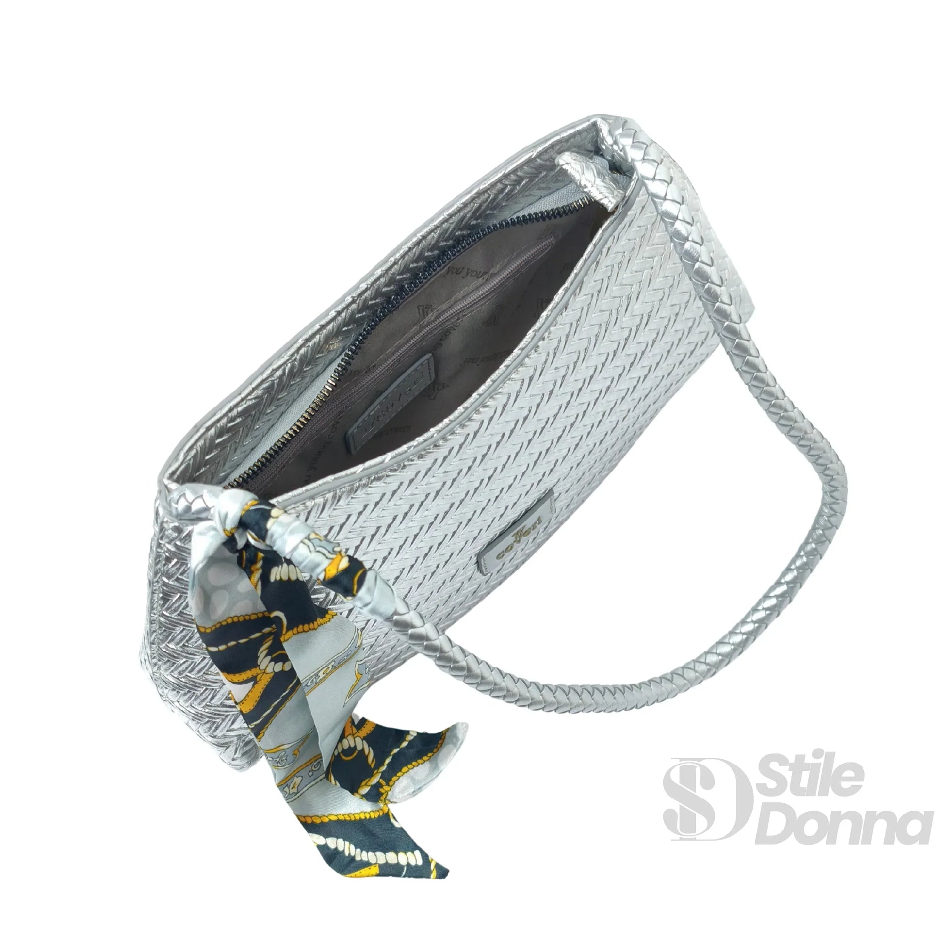 YY Coveri borsa a tracolla intrecciata ecopelle argento – dettaglio manico