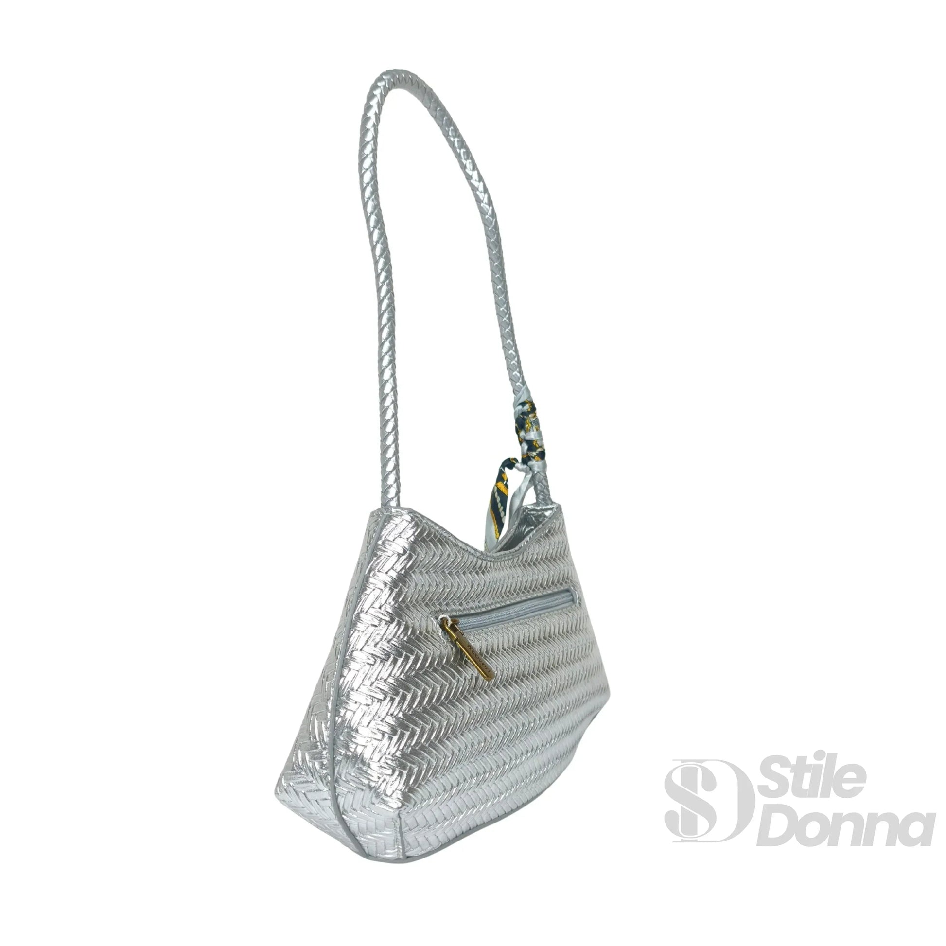 YY Coveri borsa a tracolla intrecciata ecopelle argento – con accessori