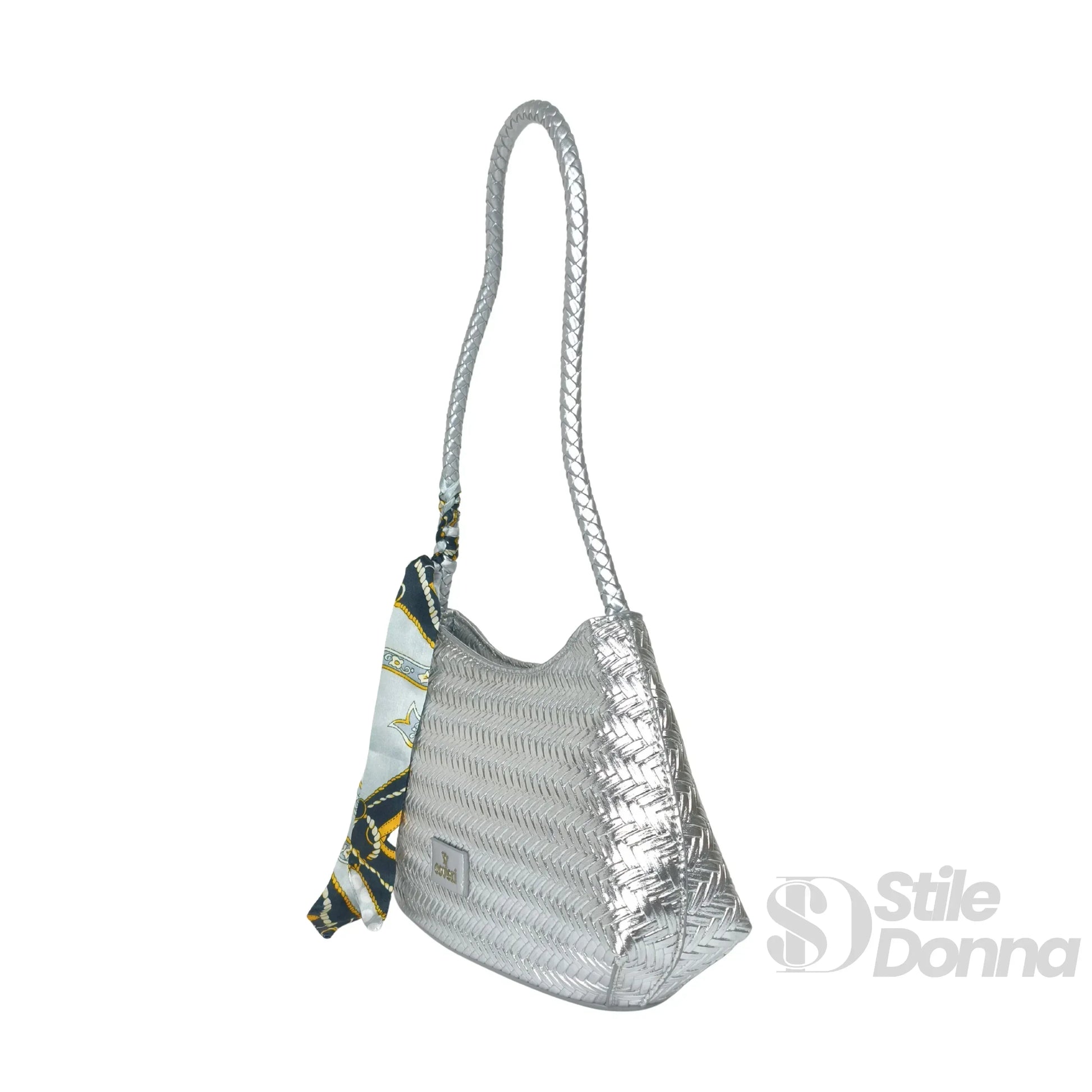 YY Coveri borsa a tracolla intrecciata ecopelle argento – dettaglio chiusura