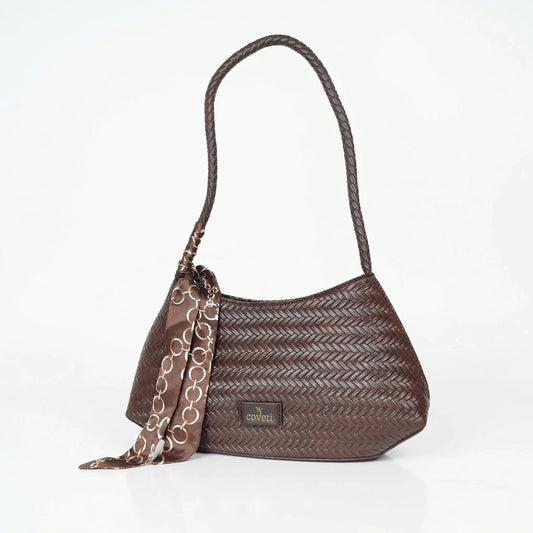 YY Coveri borsa a tracolla intrecciata ecopelle argento caffè con sciarpa decorativa donna – vista frontale