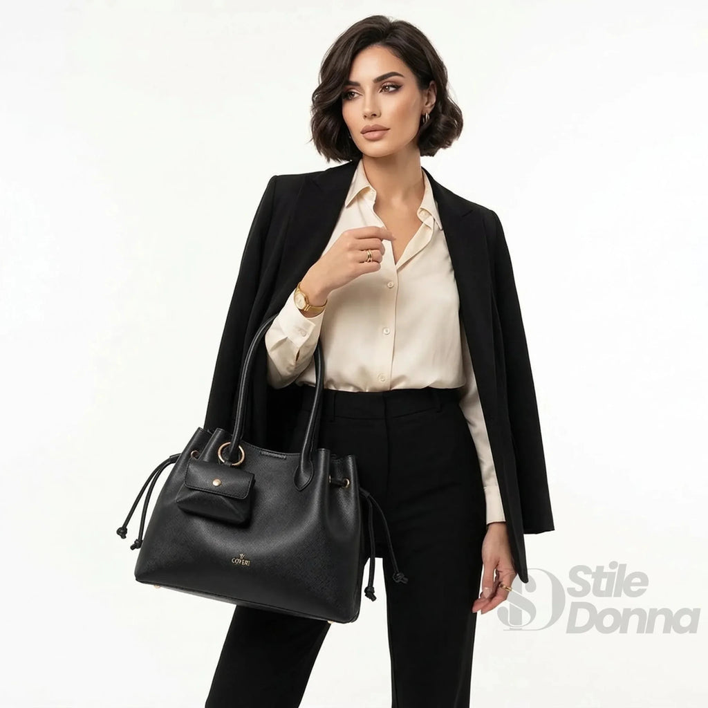 YY Coveri Borsa a Mano Strutturata in Ecopelle Cuoio con Dettagli Oro - Stile Donna Bags