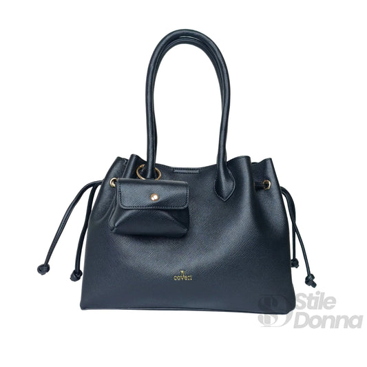 YY Coveri borsa a mano strutturata ecopelle nera con tracolla – dettaglio esterno