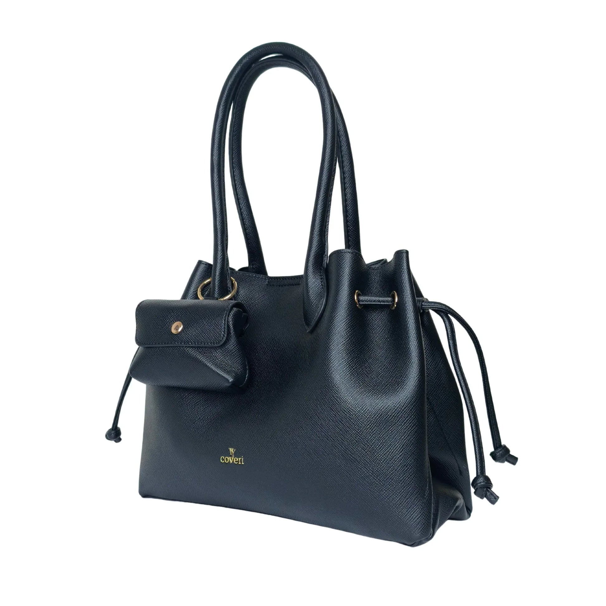 YY Coveri borsa a mano strutturata ecopelle nera con dettagli oro – interno e tasche