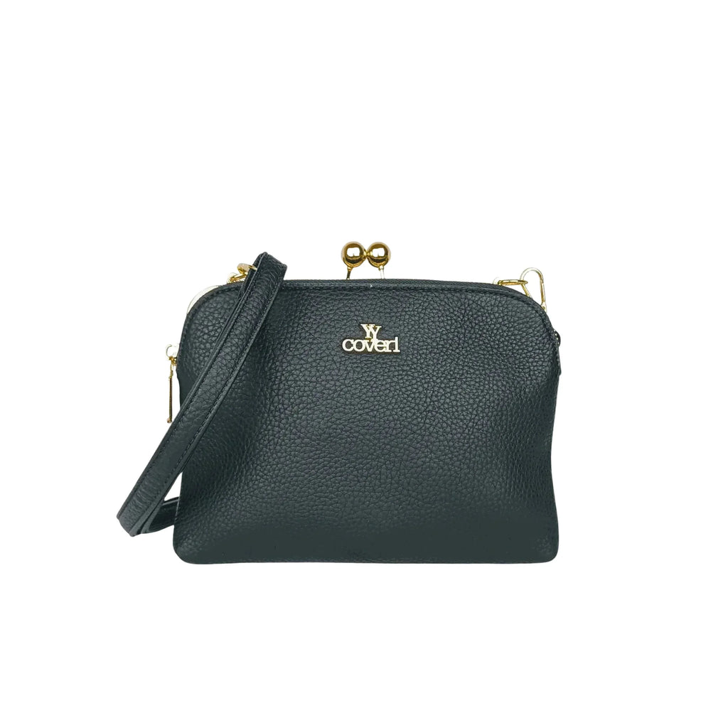 YY Coveri pochette a tracolla ecopelle nera con logo dorato versatile donna – vista frontale