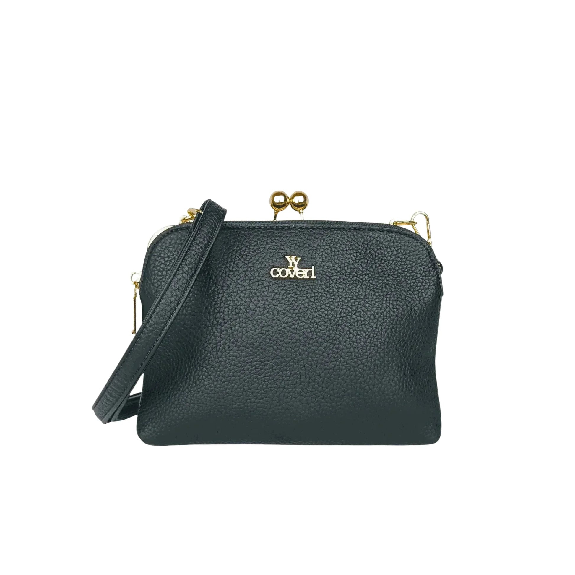 YY Coveri pochette a tracolla ecopelle nera con logo dorato versatile donna – vista frontale