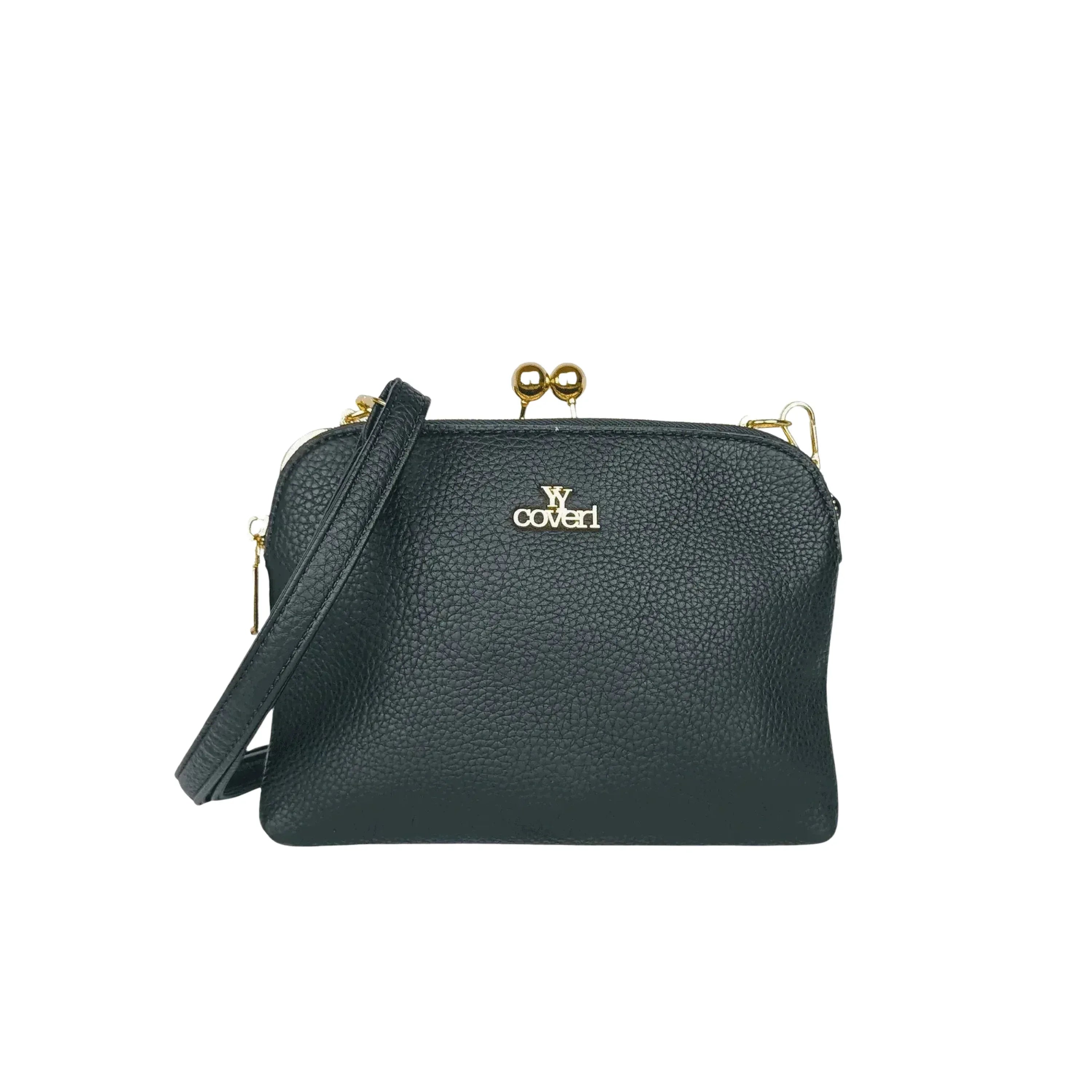 YY Coveri pochette a tracolla ecopelle nera con logo dorato versatile donna – vista frontale