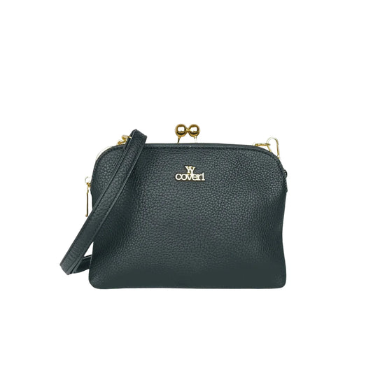 YY Coveri pochette a tracolla ecopelle nera con logo dorato versatile donna – vista frontale