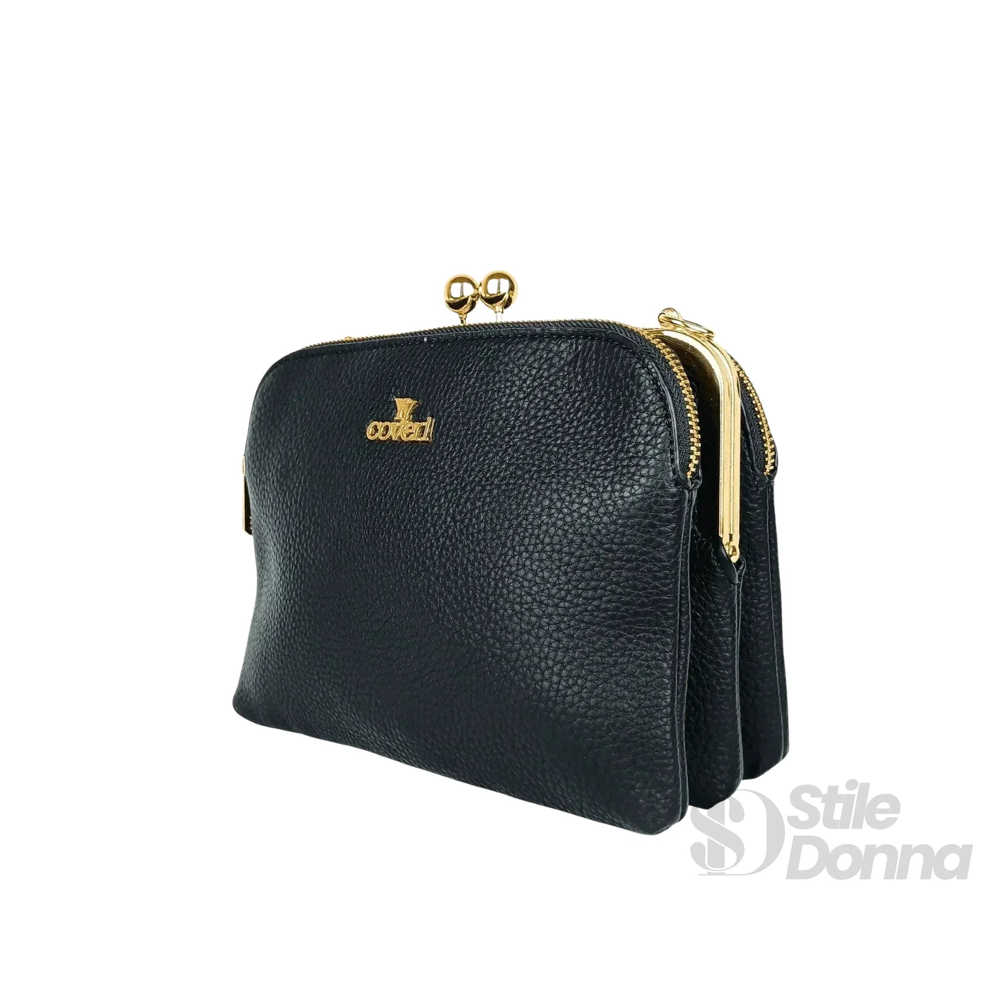 YY Coveri pochette a tracolla ecopelle nera logo dorato – dettaglio esterno