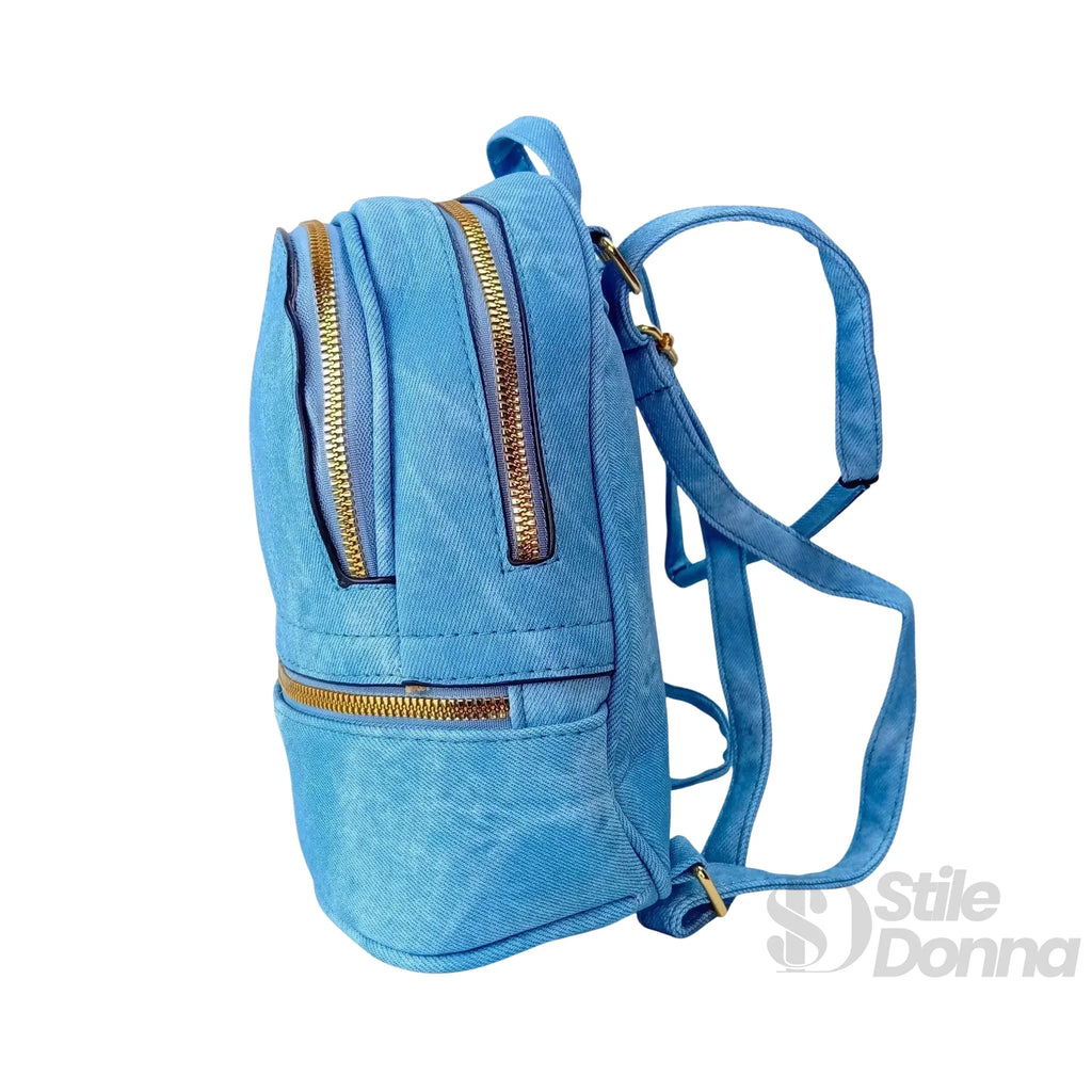 Zaino Mini Denim Blu Con Zip Oro | Dettaglio esterno | denim | Blu