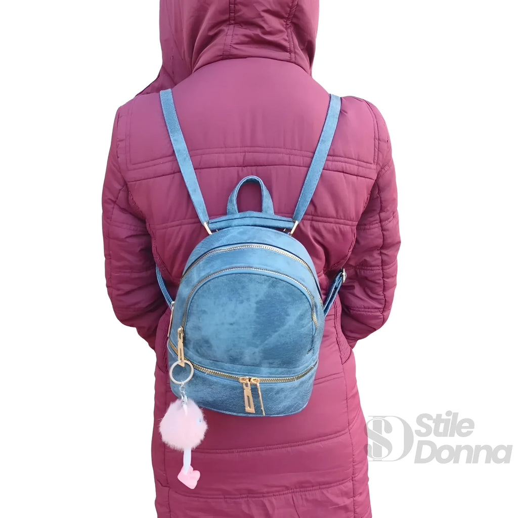 Zaino Mini Denim Blu Con Zip Oro | Interno e tasche | denim | Blu
