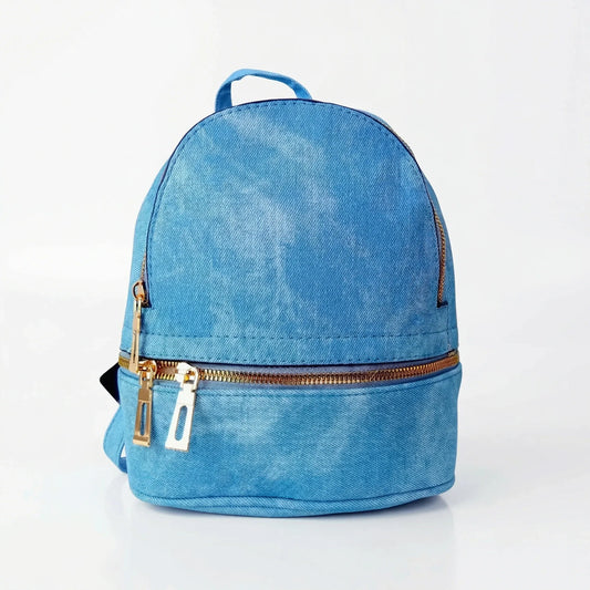 Zaino Mini Denim Blu Con Zip Oro | Vista frontale | denim | Blu