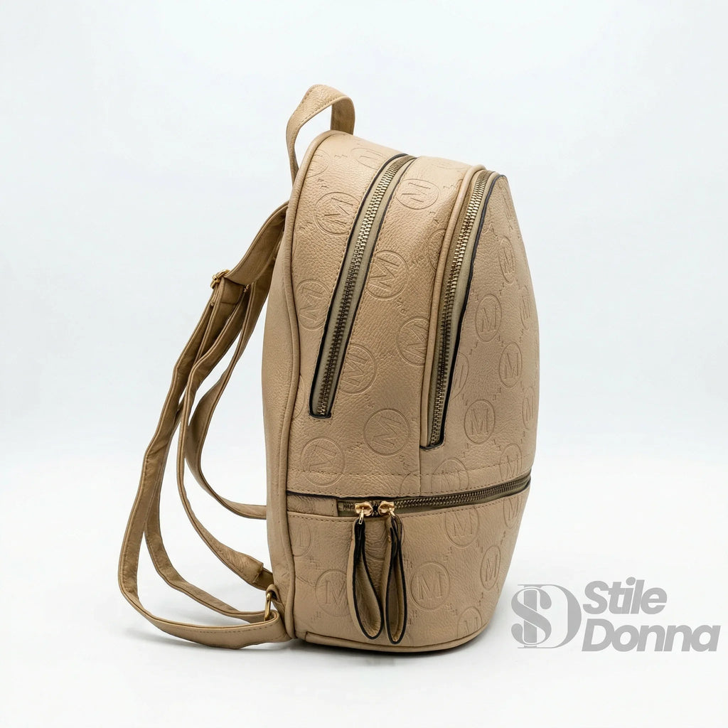 Stile Donna zaino ecopelle beige nero con monogramma – vista posteriore