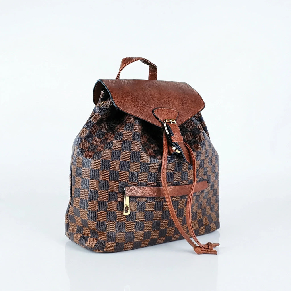 Stile Donna zaino donna ecopelle marrone canvas quadri con tracolla regolabile – vista laterale