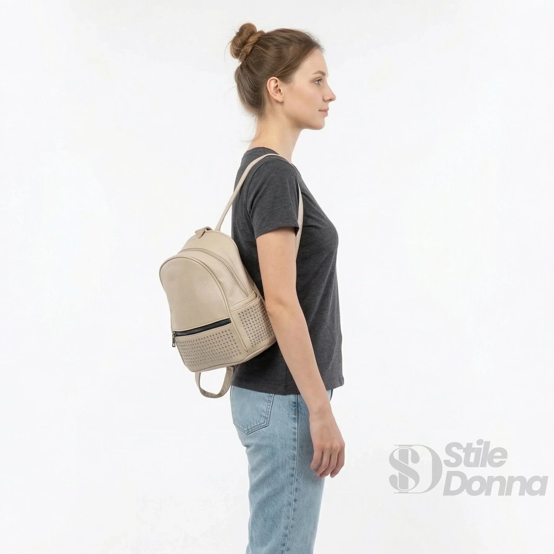Stile Donna zaino ecopelle intrecciata beige pannello – dettaglio esterno