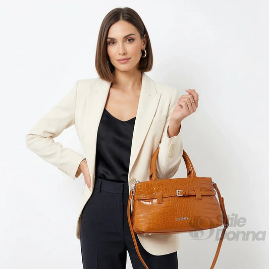 borsa-a-mano-in-pelle-effetto-coccodrillo-marrone-cognoscenti-235 - Stile Donna Bags