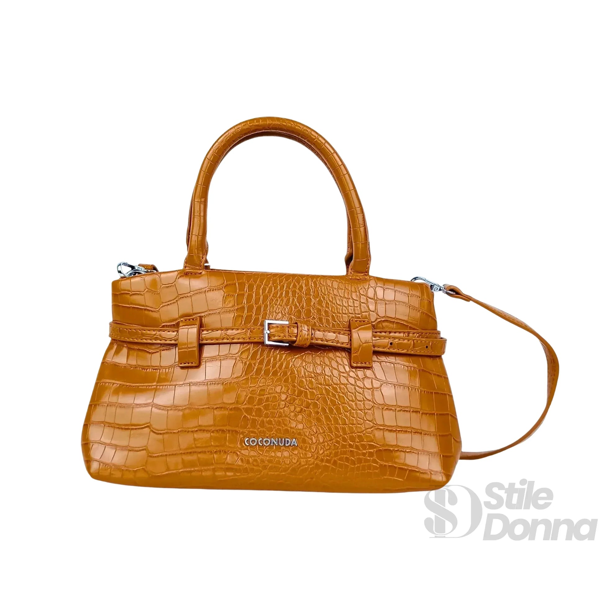 borsa-a-mano-in-pelle-effetto-coccodrillo-marrone-texture-522 - Stile Donna Bags