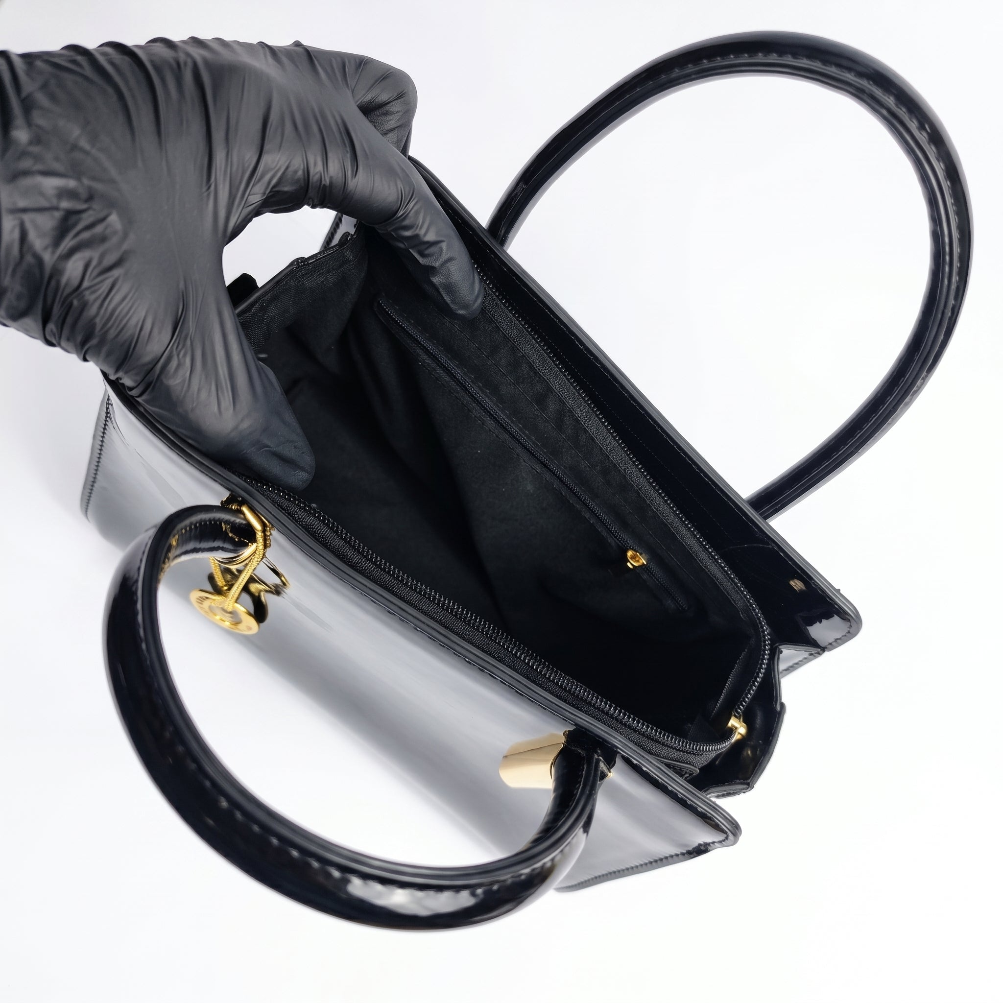 Borsa a Mano in Pelle Verniciata Lucida con Dettagli Dorati - Stile Donna Bags