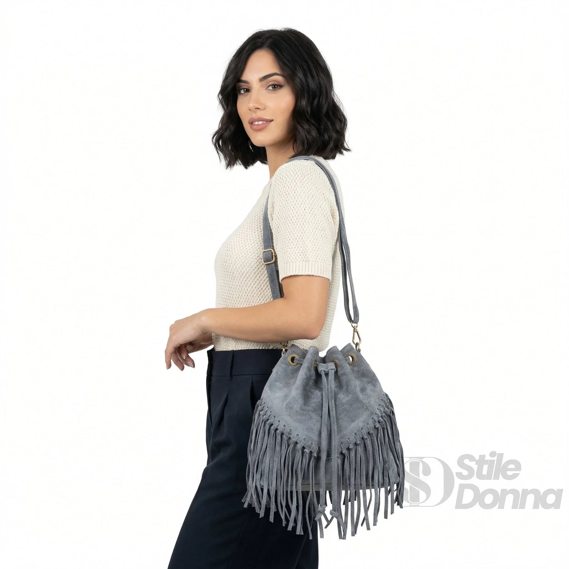borsa-a-secchiello-in-camoscio-con-frange-tracolla-313 - Stile Donna Bags