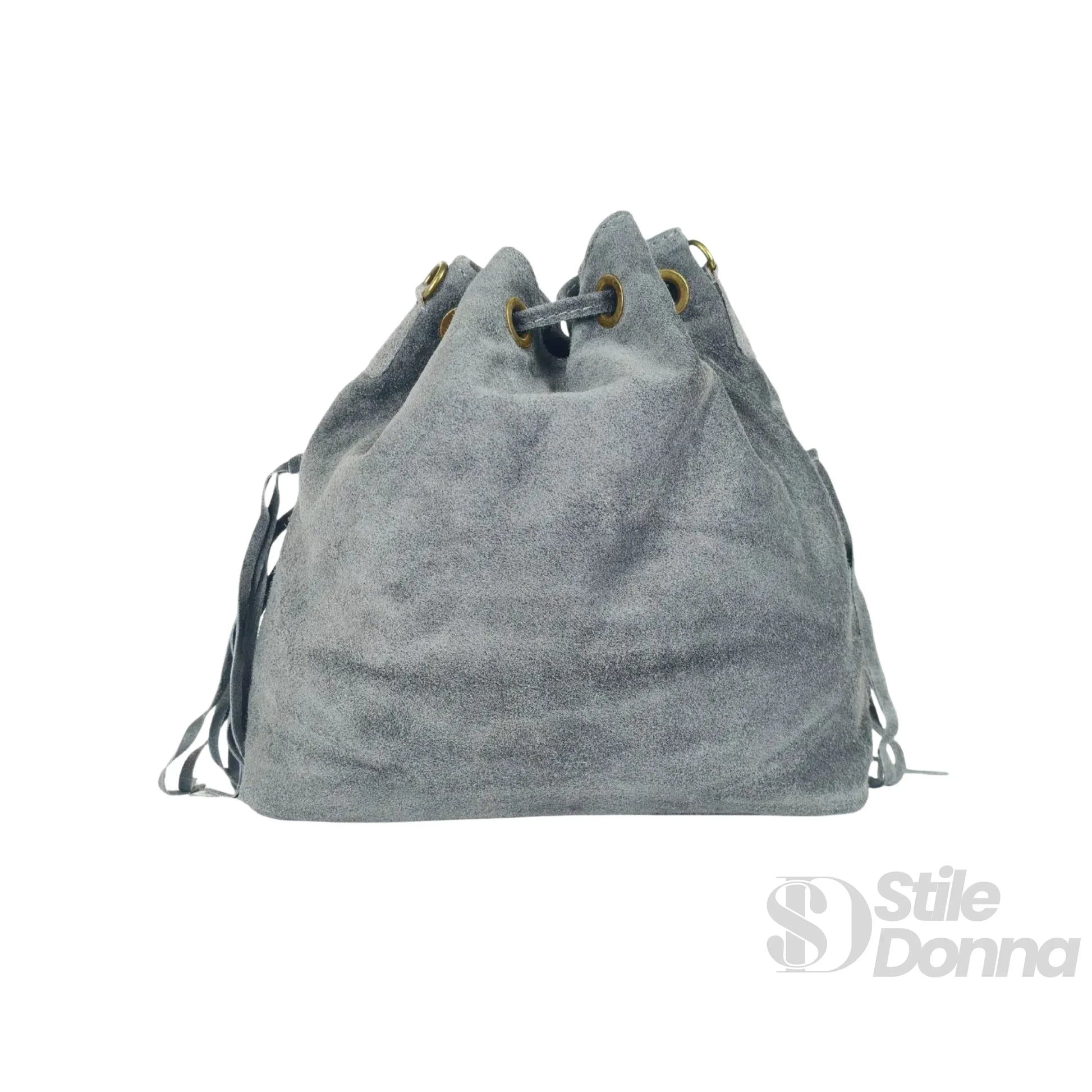 borsa-a-secchiello-in-camoscio-con-frange-tracolla-zaino-suede-grigio-608 - Stile Donna Bags