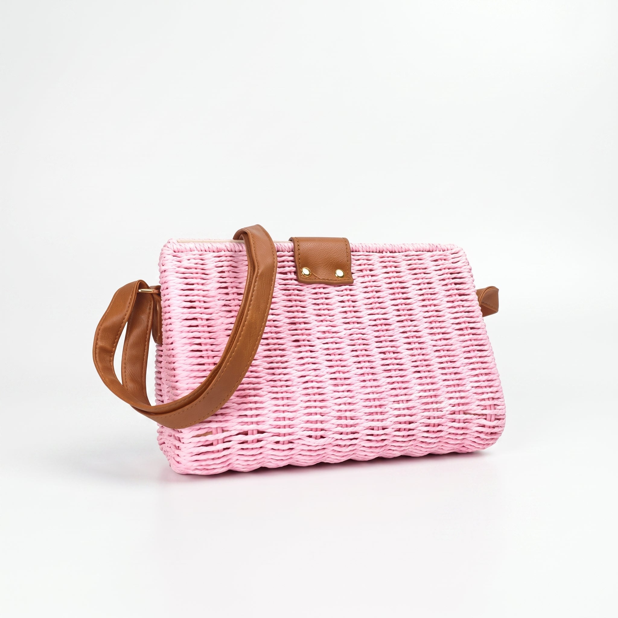 Borsa a Spalla Intrecciata in Paglia con Tracolla Ecopelle e Dettagli Dorati - Stile Donna Bags
