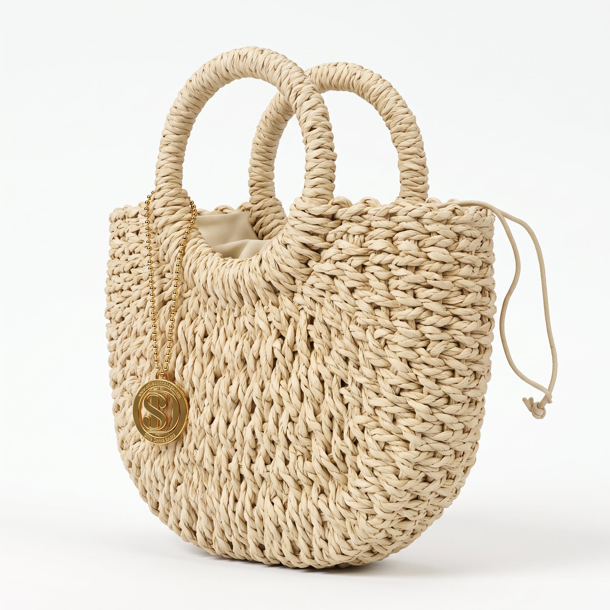 Borsa Alessia Semilunare in Rafia con Manici Circolari e Tracolla – Stile Donna - Stile Donna Bags