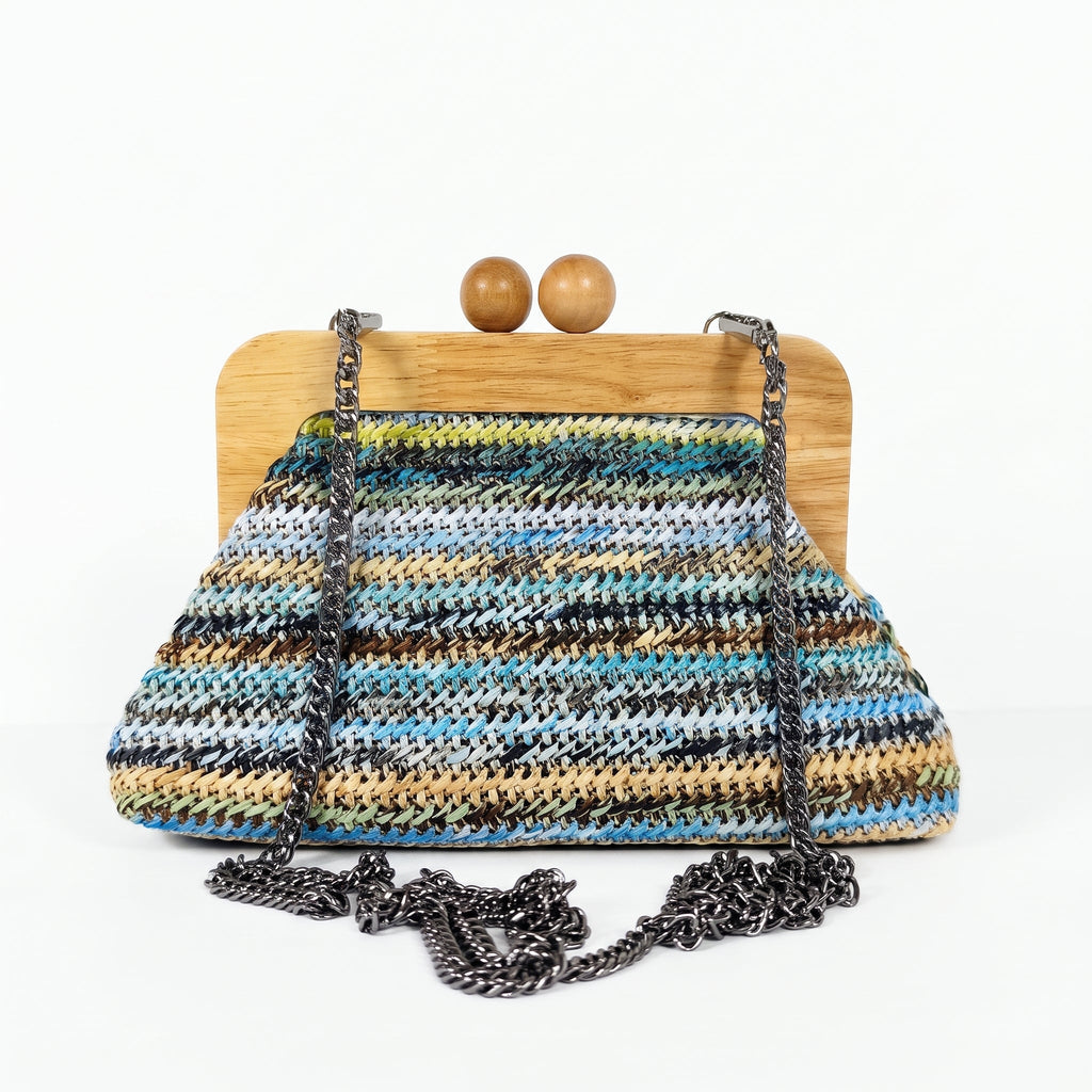 Borsa Caterina a Tracolla in Rafia con Cornice in Legno e Catena Dorata – Stile Donna - Stile Donna Bags