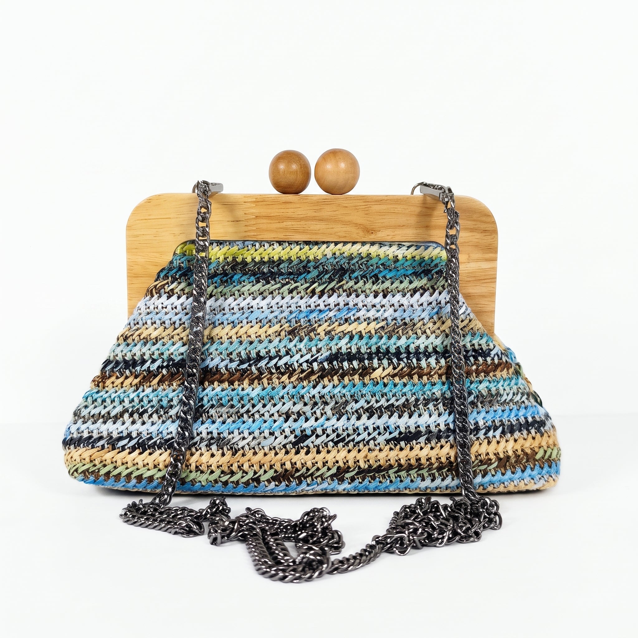 Borsa Caterina a Tracolla in Rafia con Cornice in Legno e Catena Dorata – Stile Donna - Stile Donna Bags