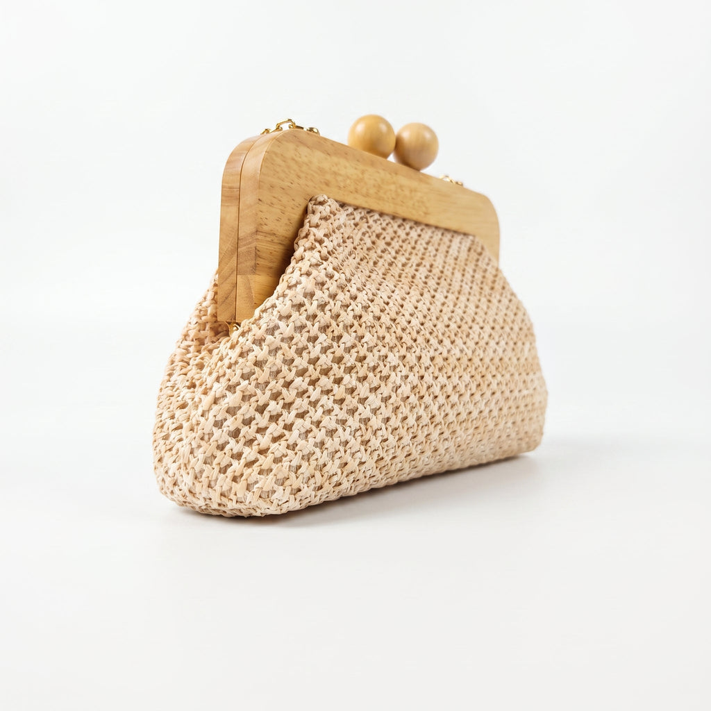 Borsa Caterina a Tracolla in Rafia con Cornice in Legno e Catena Dorata – Stile Donna - Stile Donna Bags