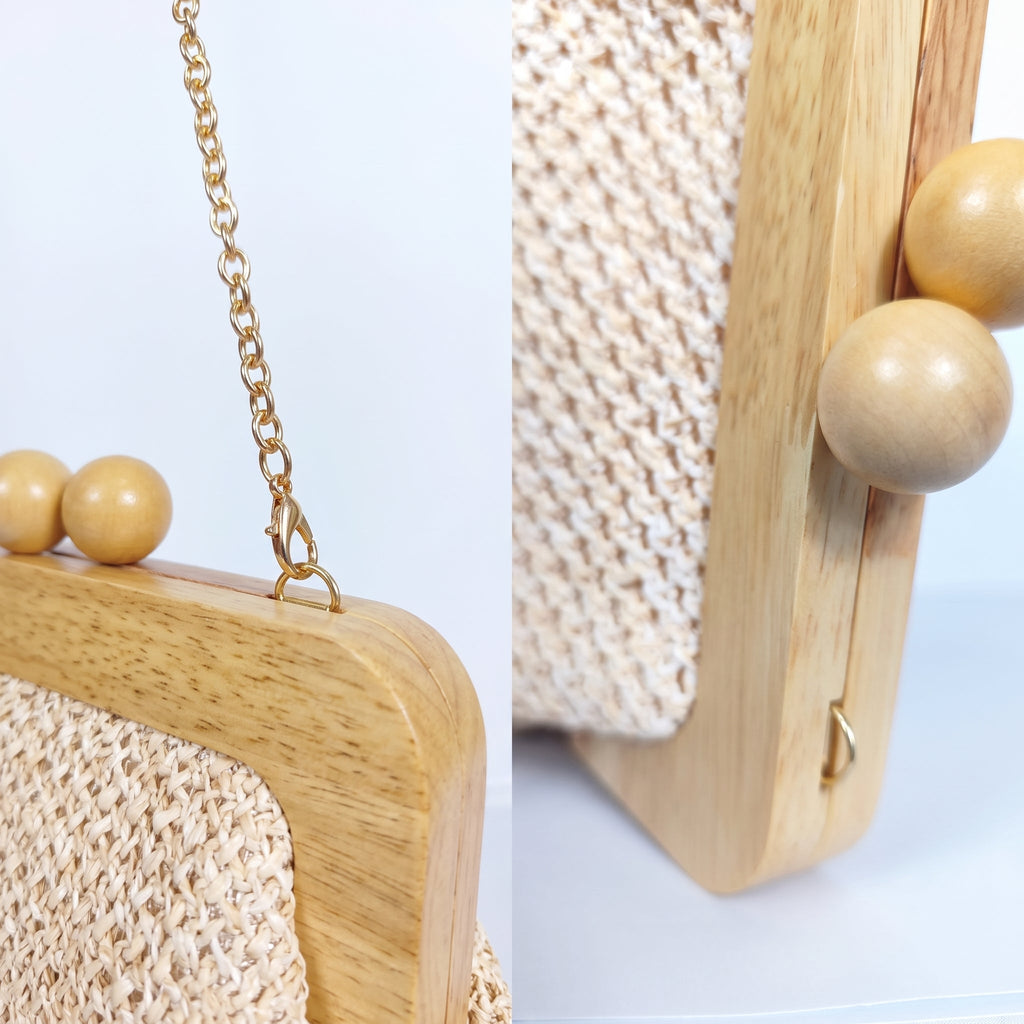 Borsa Caterina a Tracolla in Rafia con Cornice in Legno e Catena Dorata – Stile Donna - Stile Donna Bags
