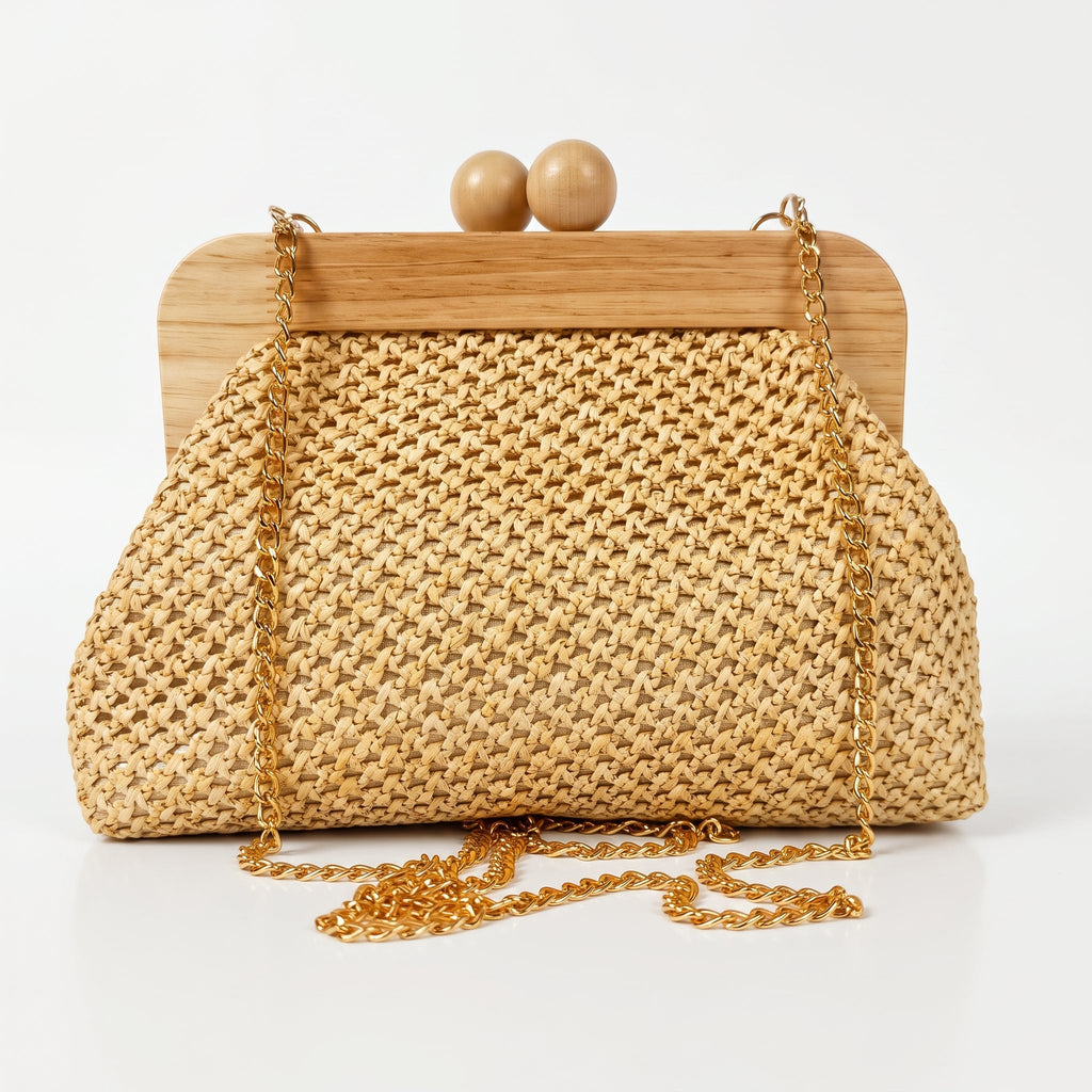 Borsa Caterina a Tracolla in Rafia con Cornice in Legno e Catena Dorata – Stile Donna - Stile Donna Bags