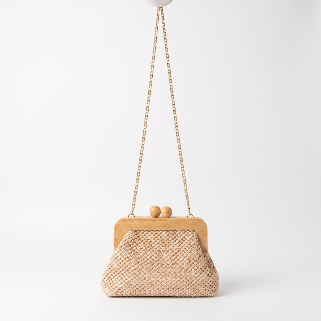 Borsa Caterina a Tracolla in Rafia con Cornice in Legno e Catena Dorata – Stile Donna - Stile Donna Bags