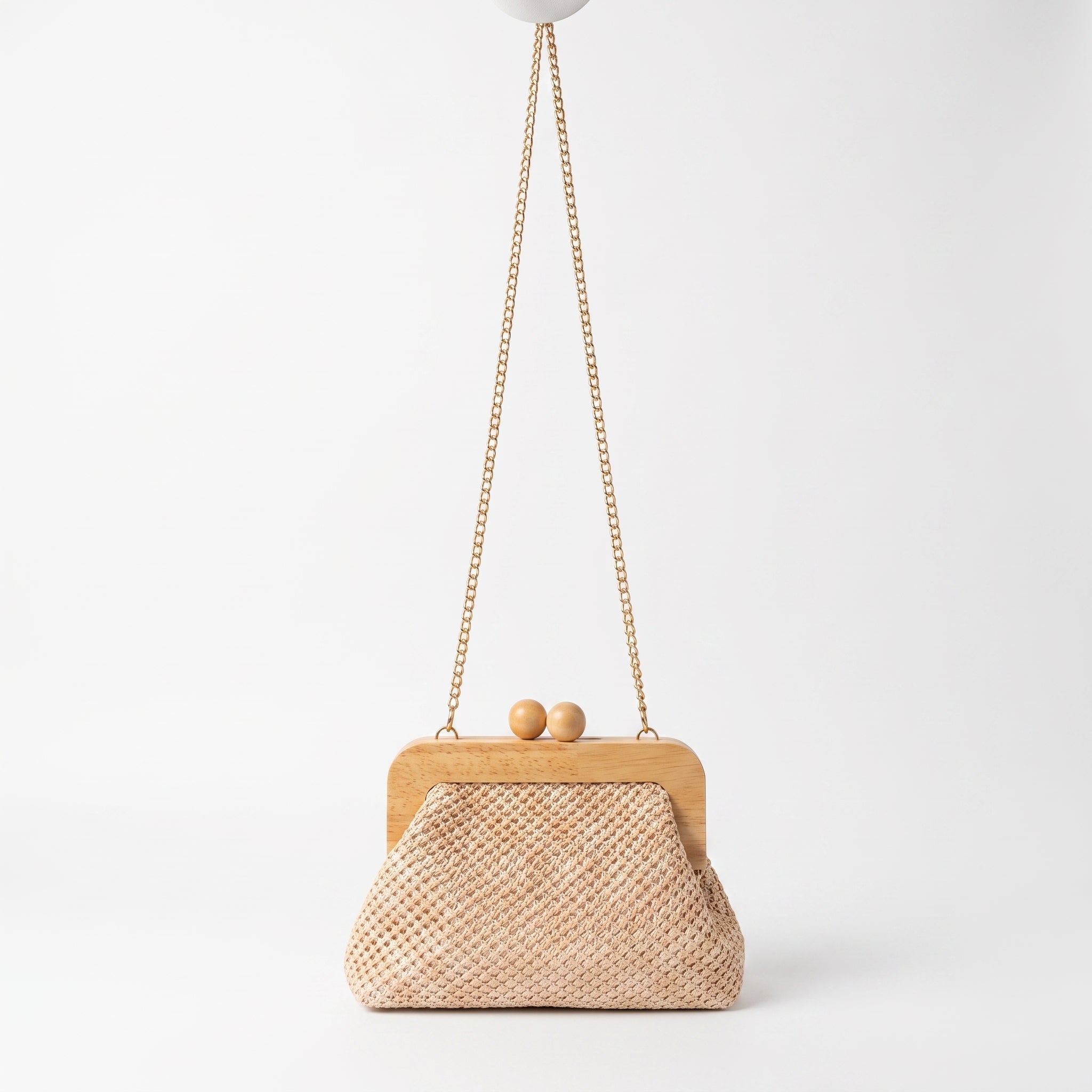 Borsa Caterina a Tracolla in Rafia con Cornice in Legno e Catena Dorata – Stile Donna - Stile Donna Bags