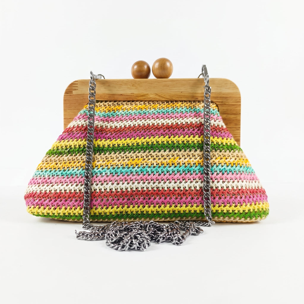 Borsa Caterina a Tracolla in Rafia con Cornice in Legno e Catena Dorata – Stile Donna - Stile Donna Bags