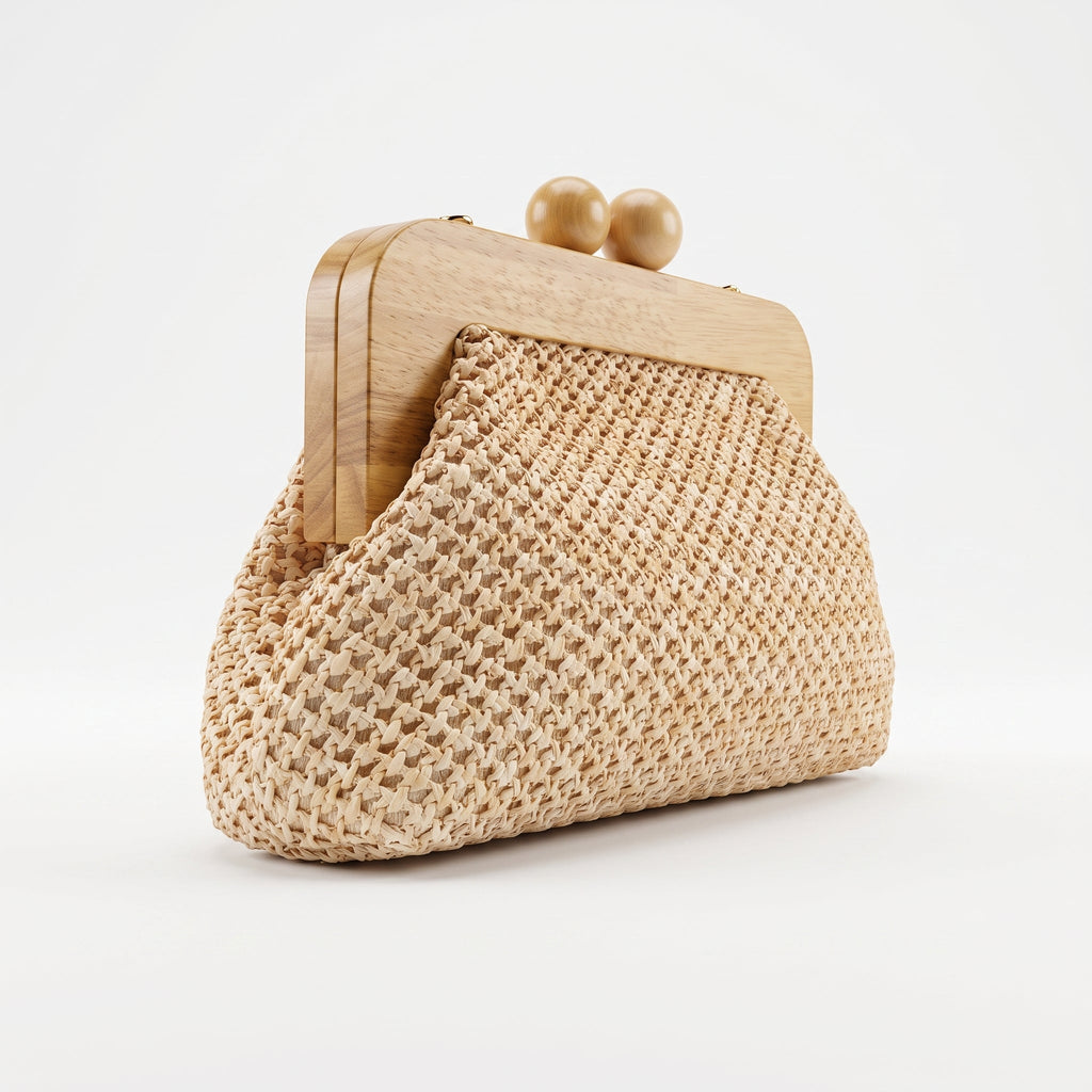Borsa Caterina a Tracolla in Rafia con Cornice in Legno e Catena Dorata – Stile Donna - Stile Donna Bags