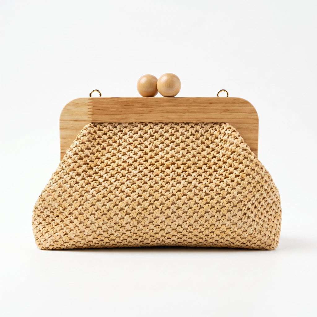 Borsa Caterina a Tracolla in Rafia con Cornice in Legno e Catena Dorata – Stile Donna - Stile Donna Bags