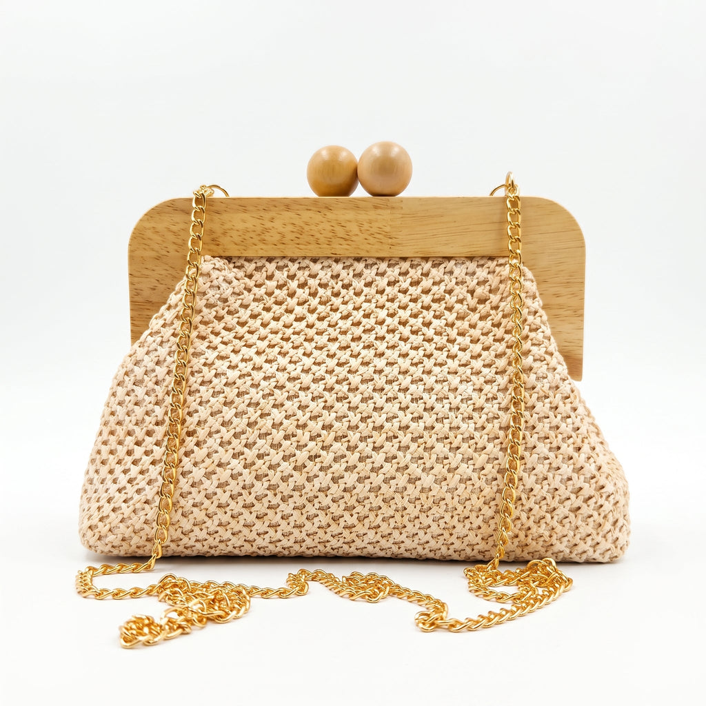 Borsa Caterina a Tracolla in Rafia con Cornice in Legno e Catena Dorata – Stile Donna - Stile Donna Bags